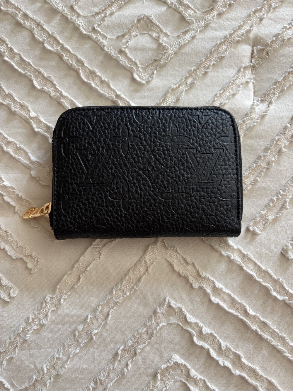 Black embossed mini wallet with gold hardware